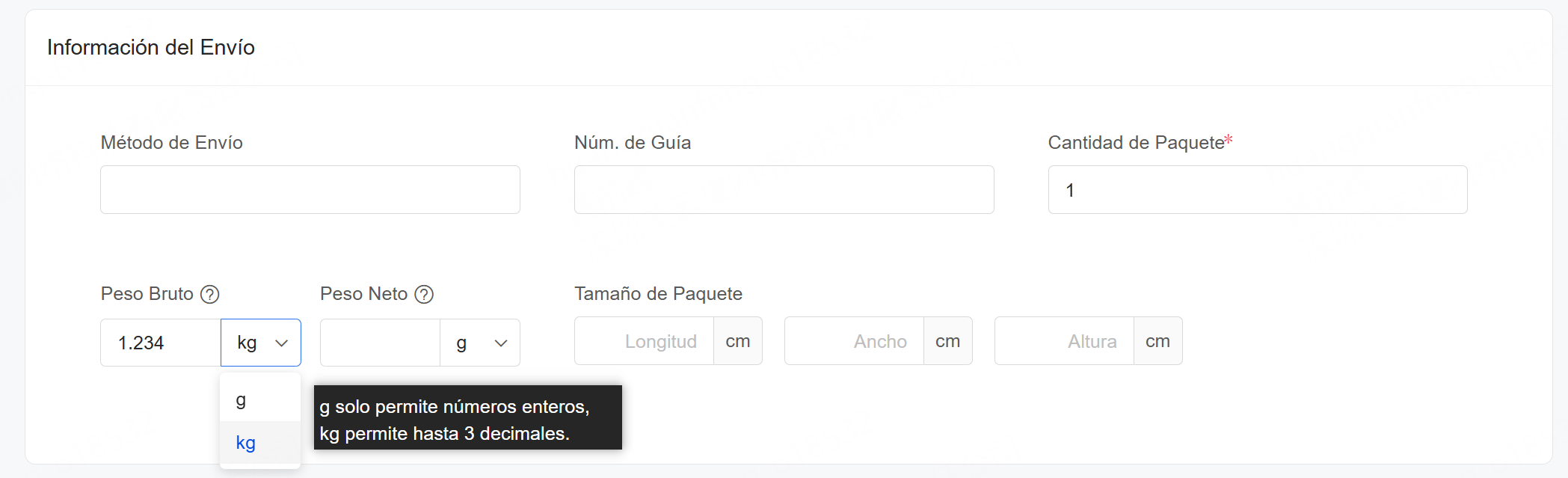 Completa Información del Envío