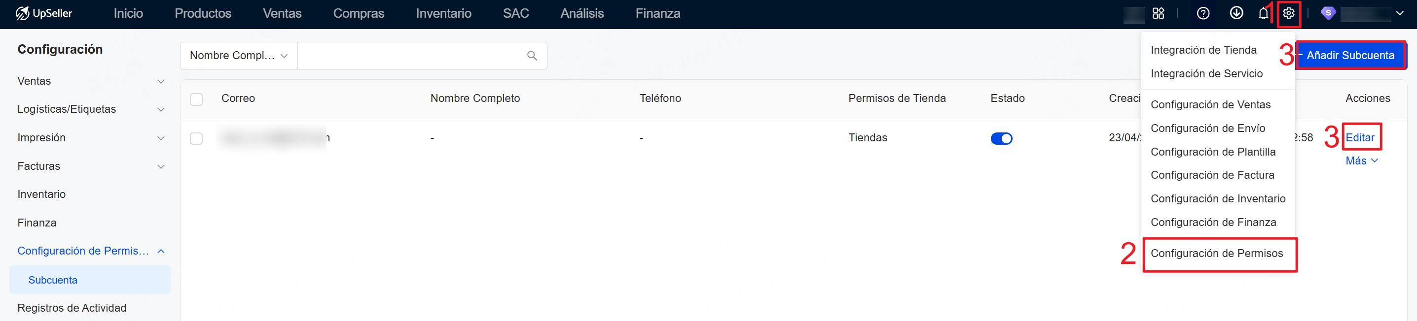 Entrada para configurar los permisos de funciones de una subcuenta