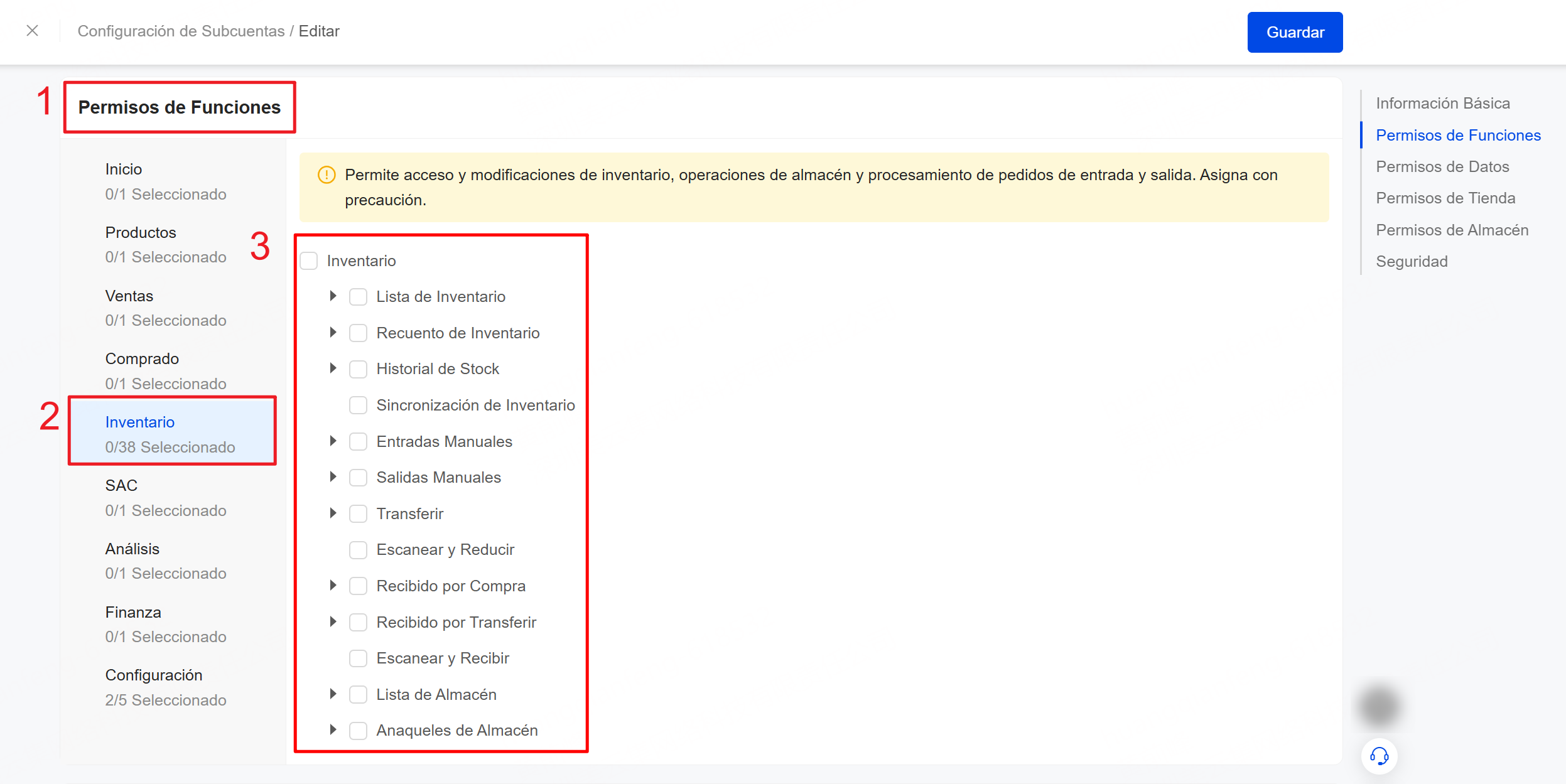 Configurar permisos de funciones de subcuenta