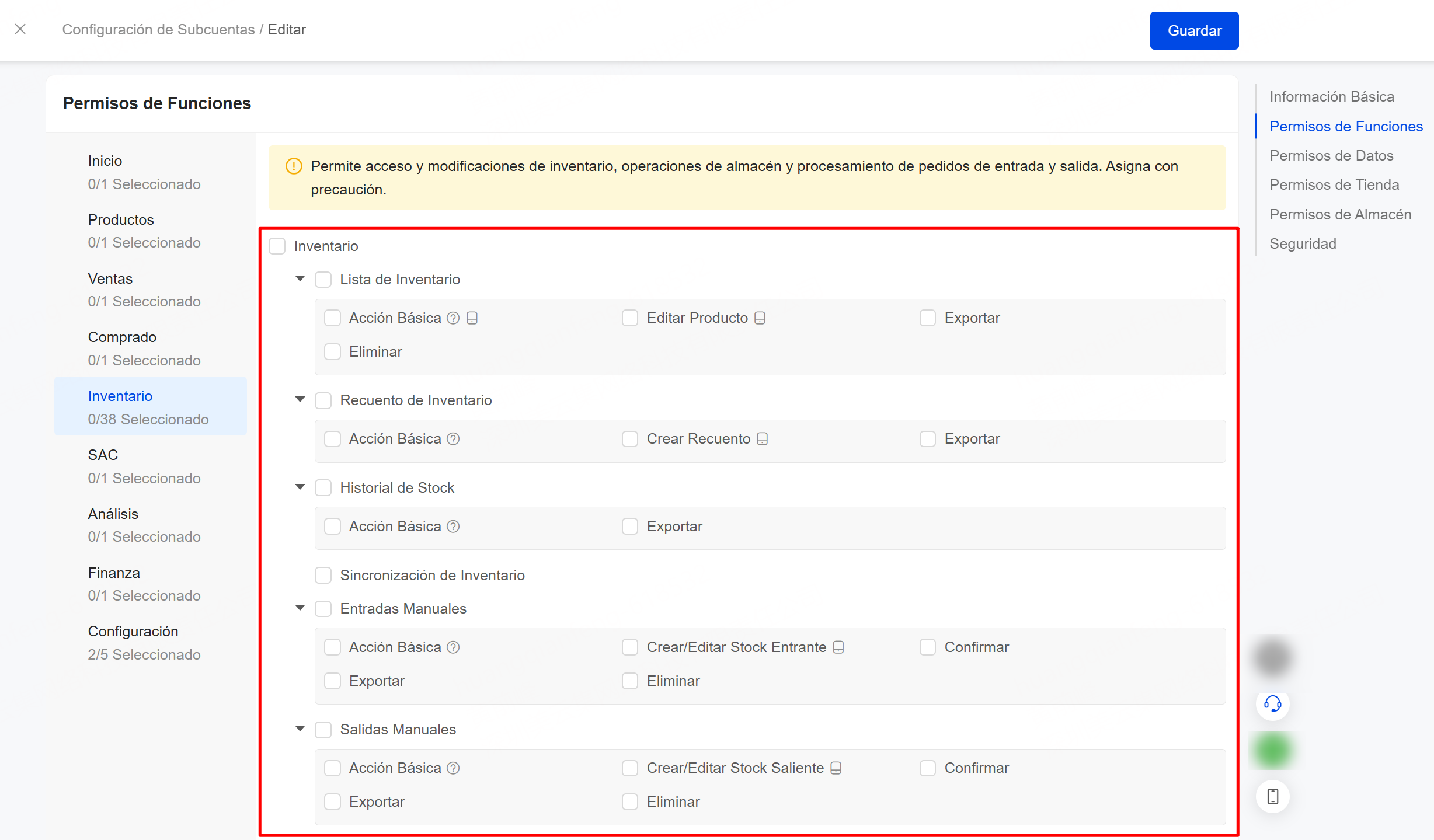 Configurar los permisos de Inventario de una subcuenta