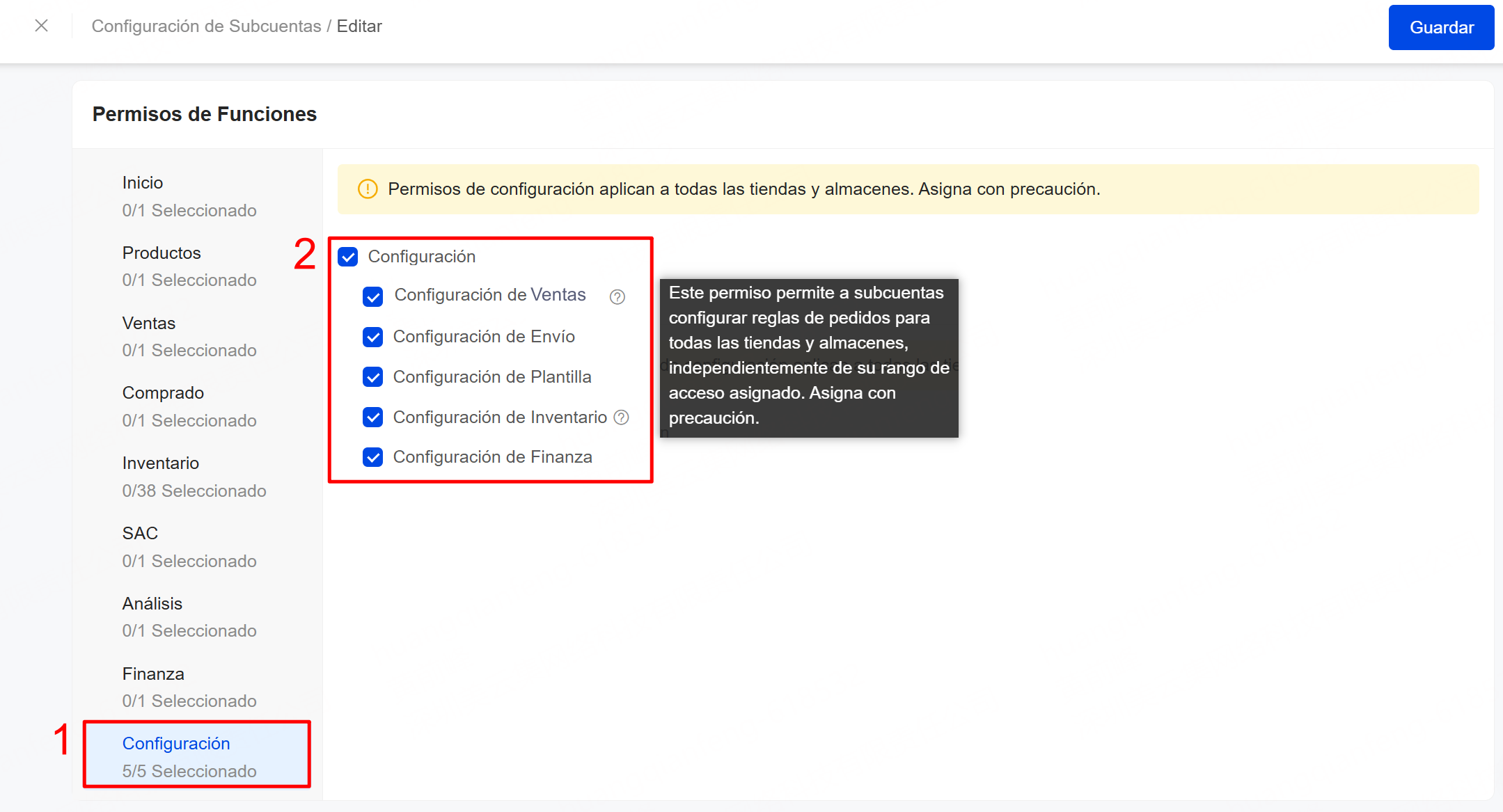 Configurar permisos de Configuración