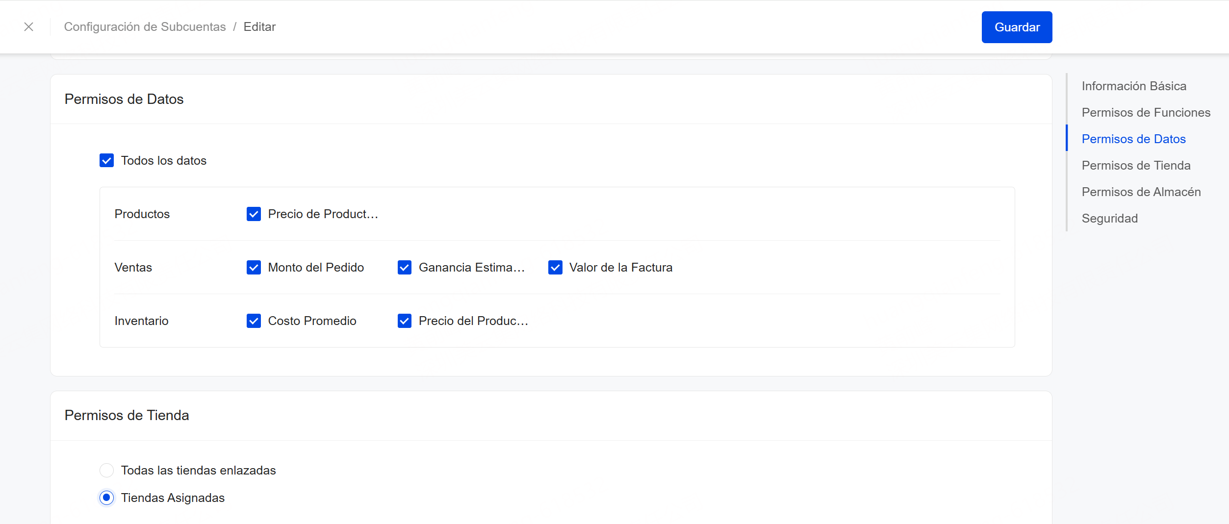 Permisos de Datos y Tienda