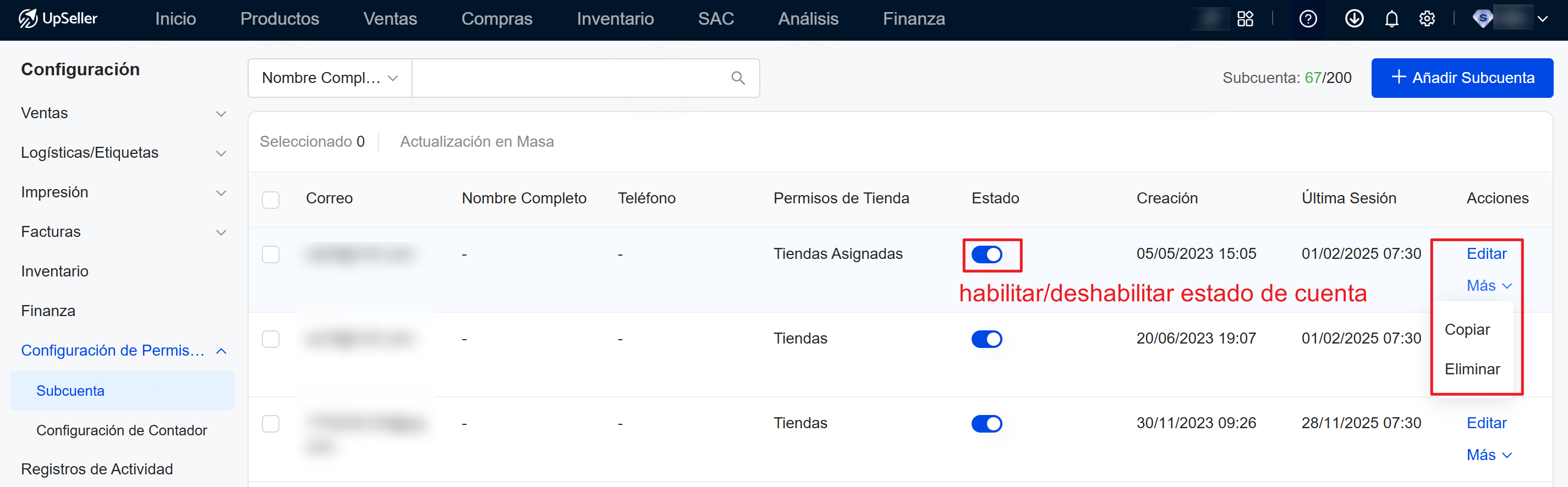 puedes habilitar, deshabilitar, editar, copiar o eliminar
