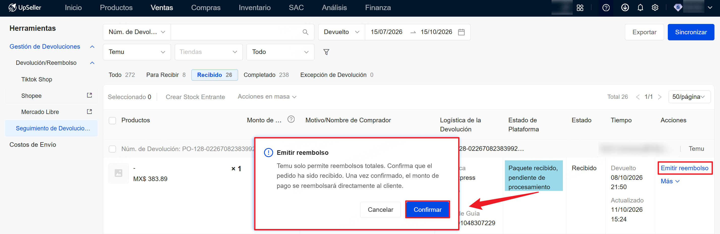 emitir reembolso para temu