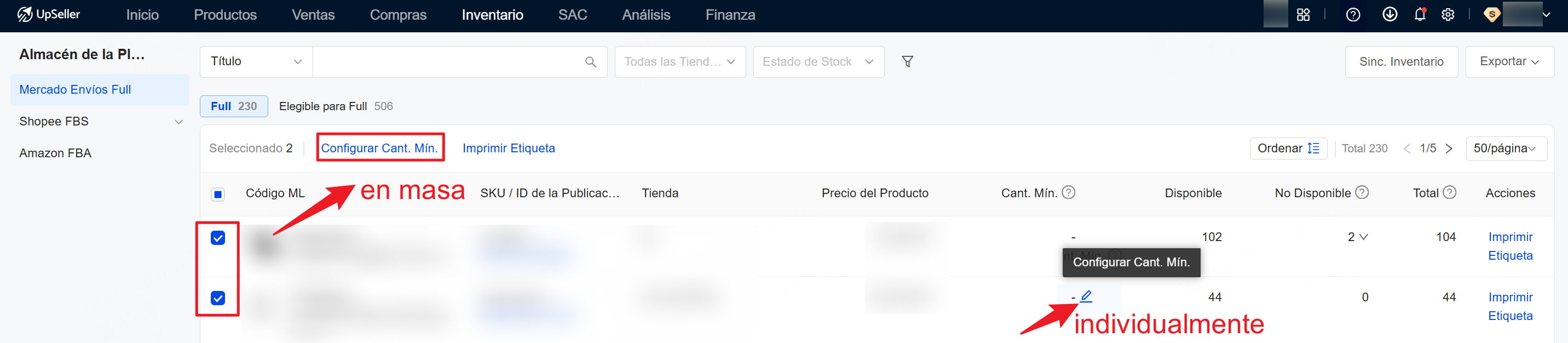 Configurar Cant. Mín. (stock mínimo) individualmente o en masa