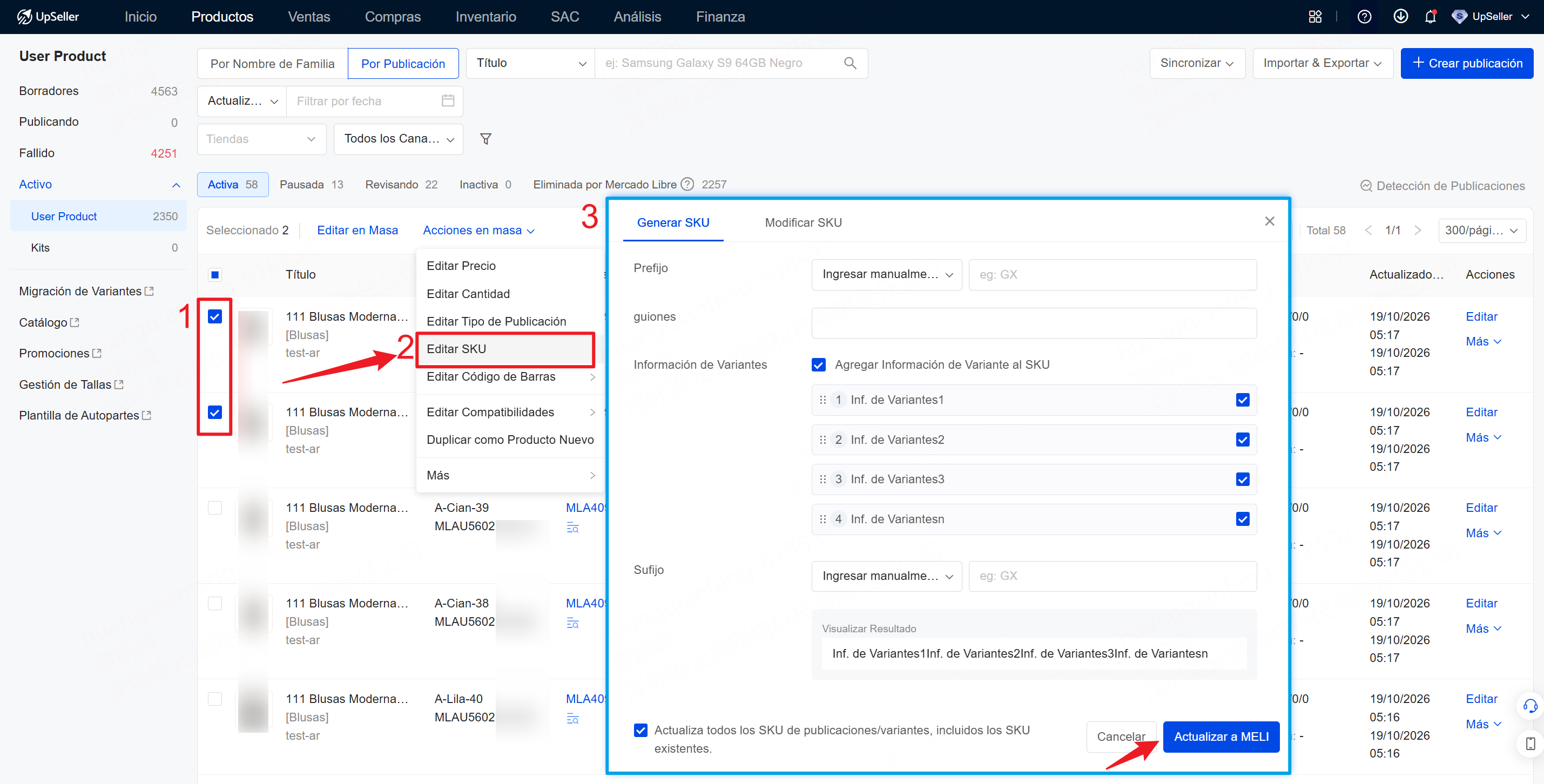 Editar SKU en lista de publicaciones activas