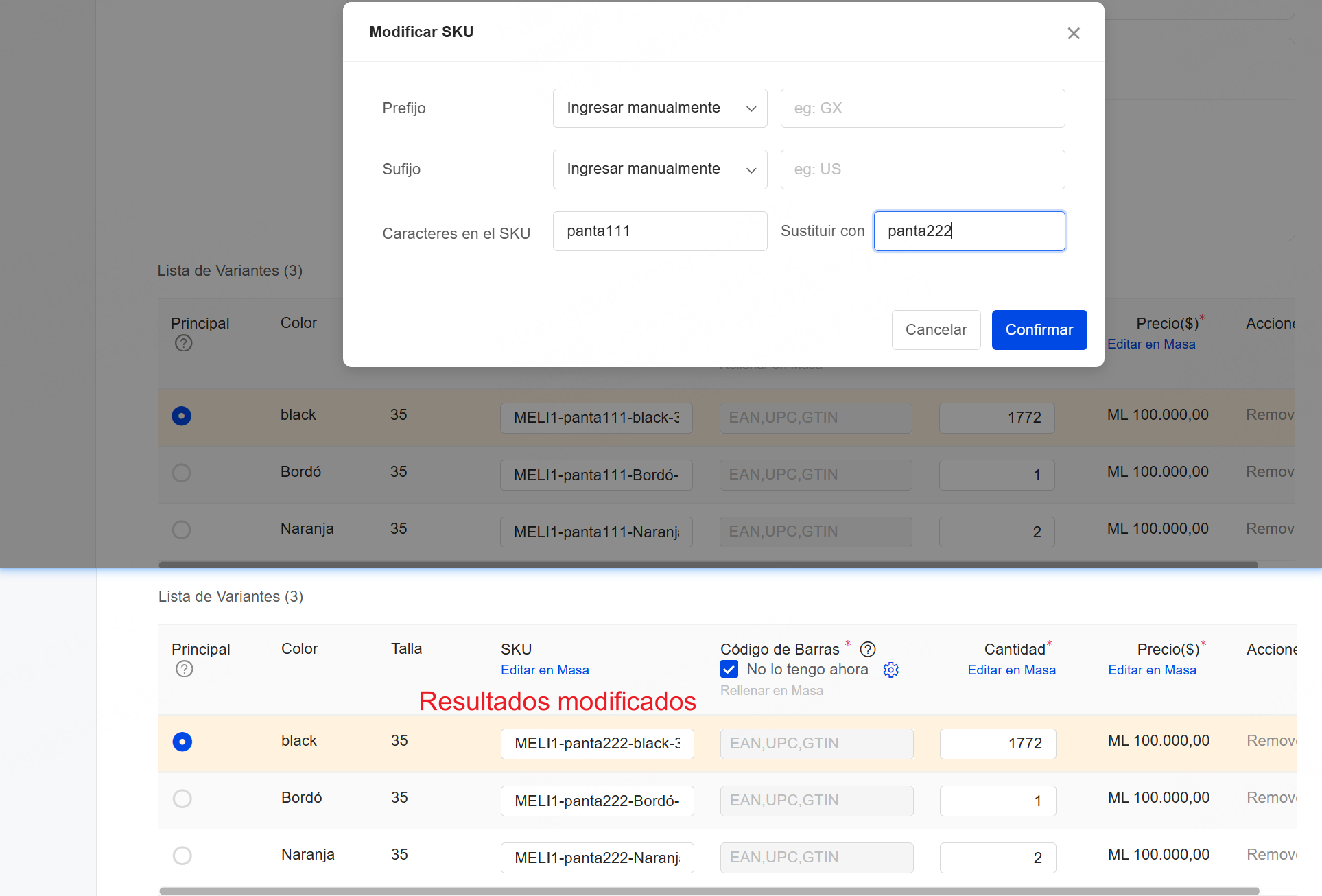 Sustituir caracteres para Modificar SKU