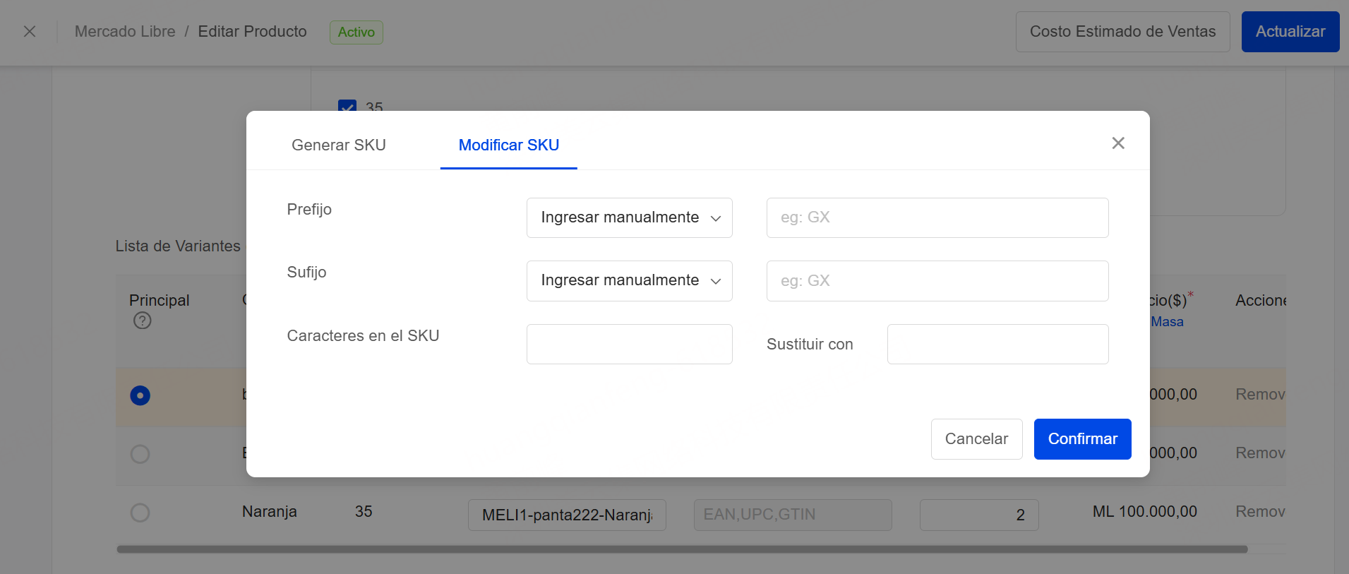 modificar SKU con Reglas Avanzadas