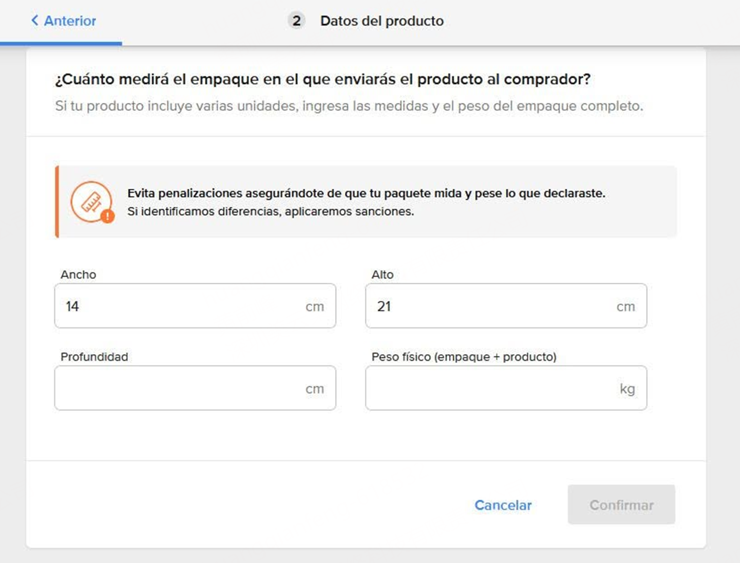 medir peso y las dimensiones de producto en Mercado Libre