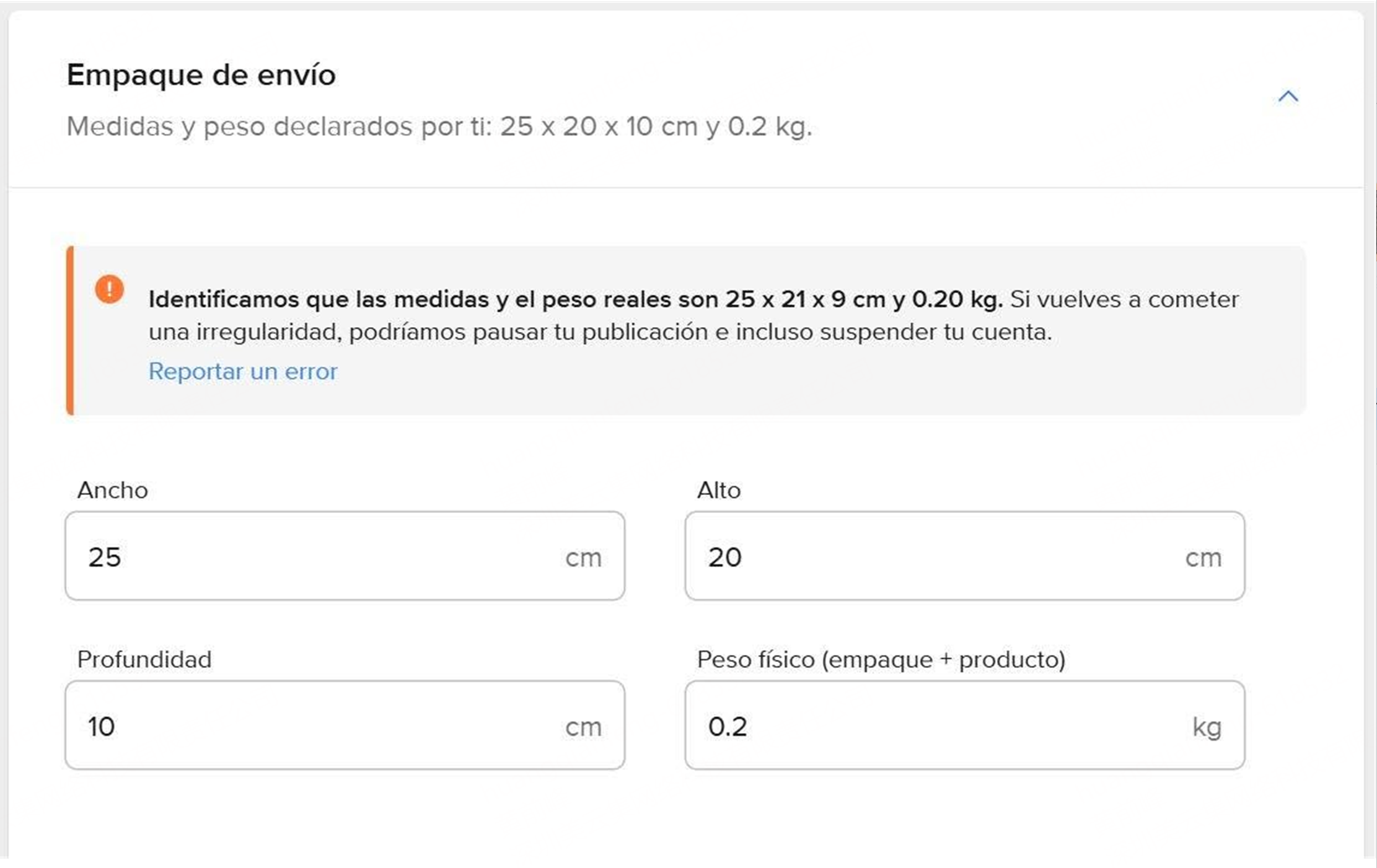 declaras mal los Pesos y Medidas en Mercado Libre