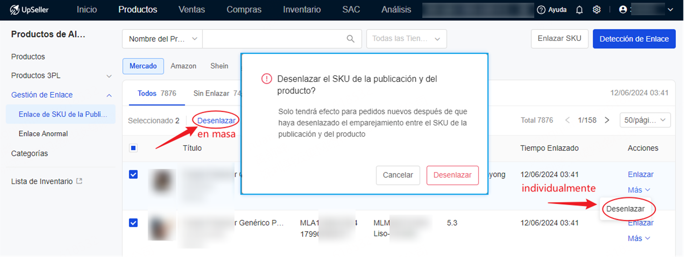 Desenlazar SKU en Gestión de Enlace