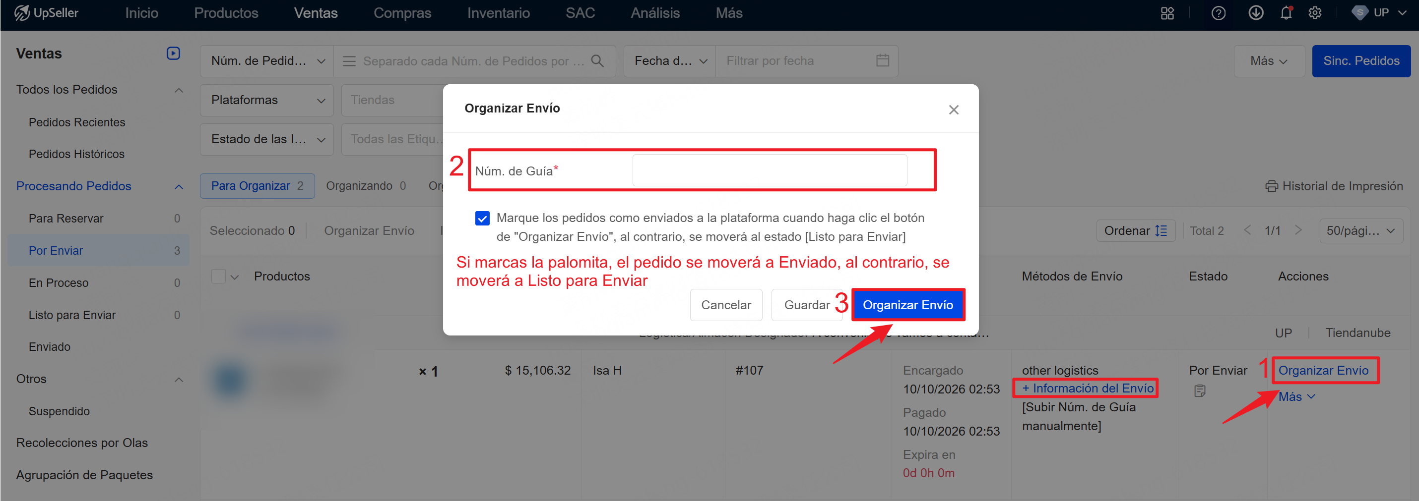 Subir Núm. de Guía y Organizar Envío