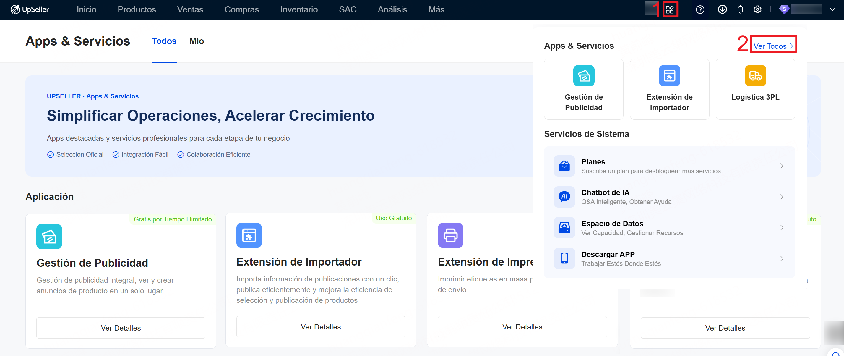 Acceder a Apps & Servicios de UpSeller