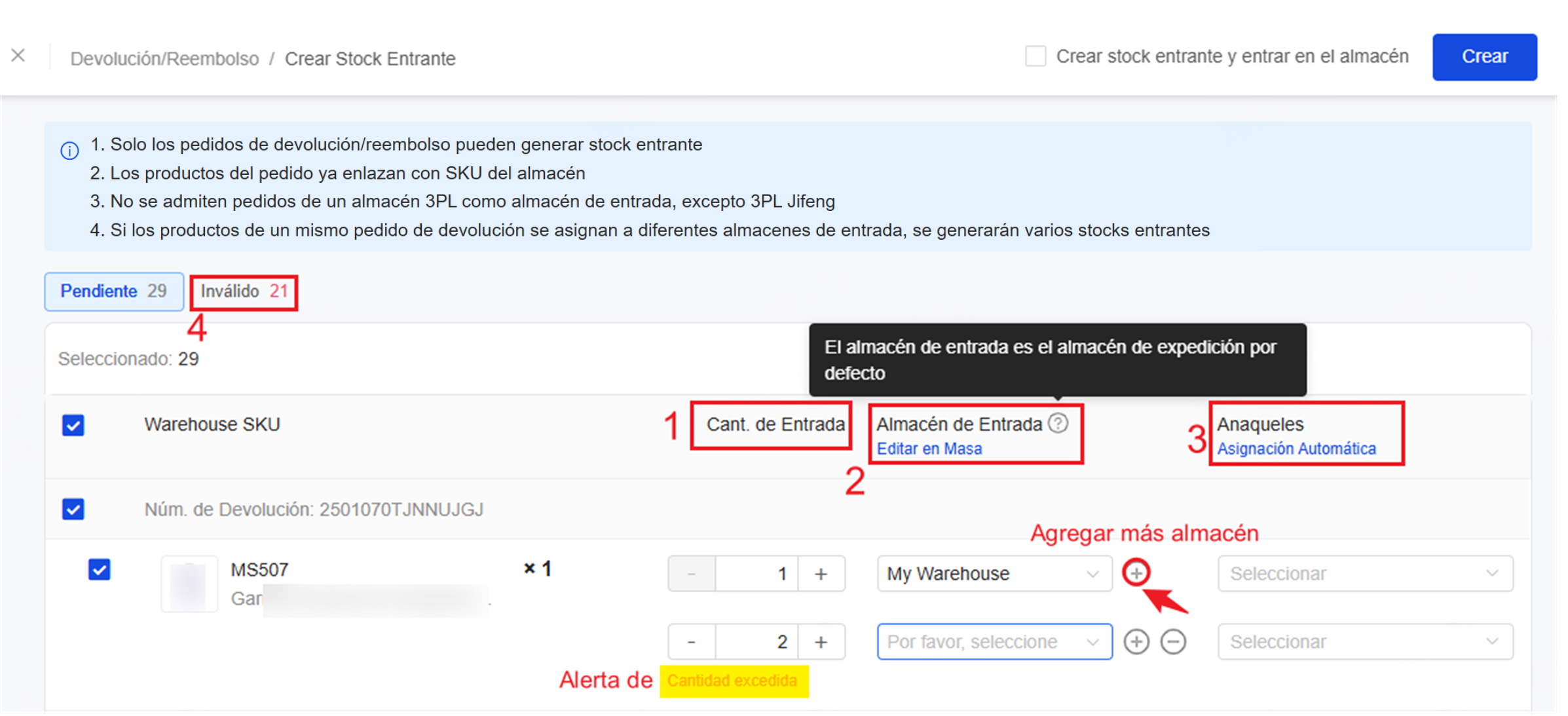 crear stock entrante