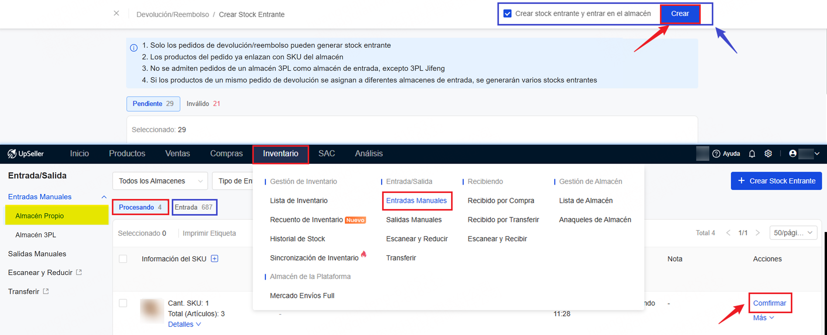 Crear stock entrante y entrar en el almacén