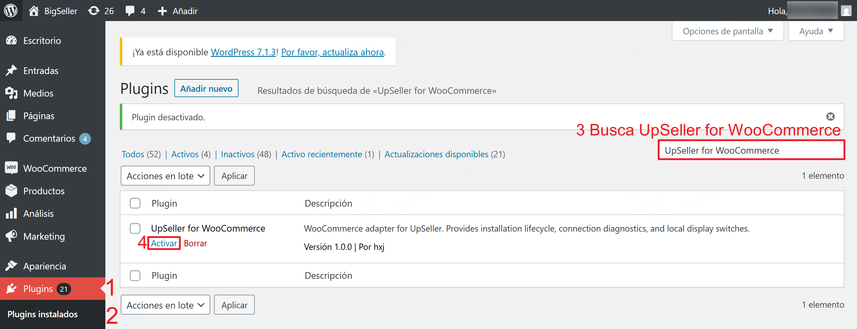 Activar la extensión UpSeller for WooCommerce