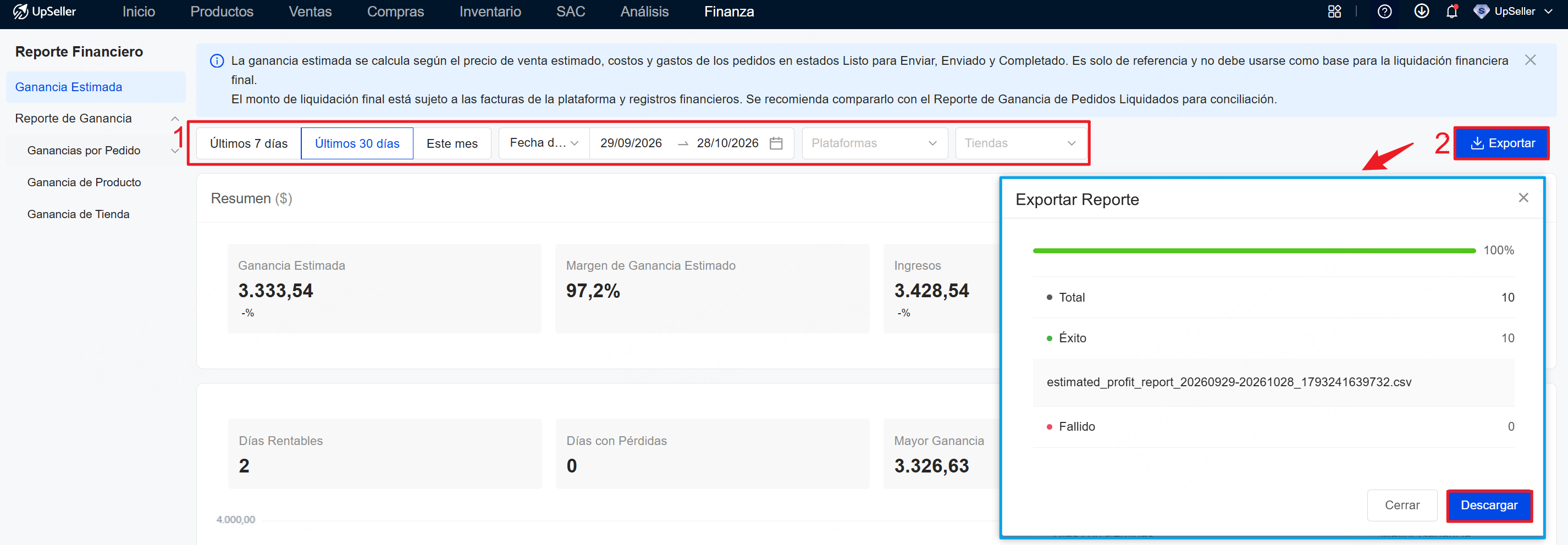 Filtros y exportación de Ganancia estimada